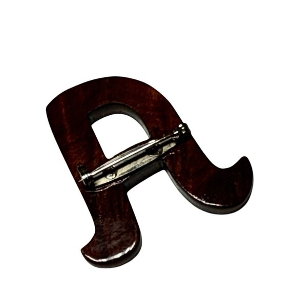 Handmade Wooden Letter A Brooch Pin Vintage Style Dark Wood Monogram Accessory - Picture 3 of 6